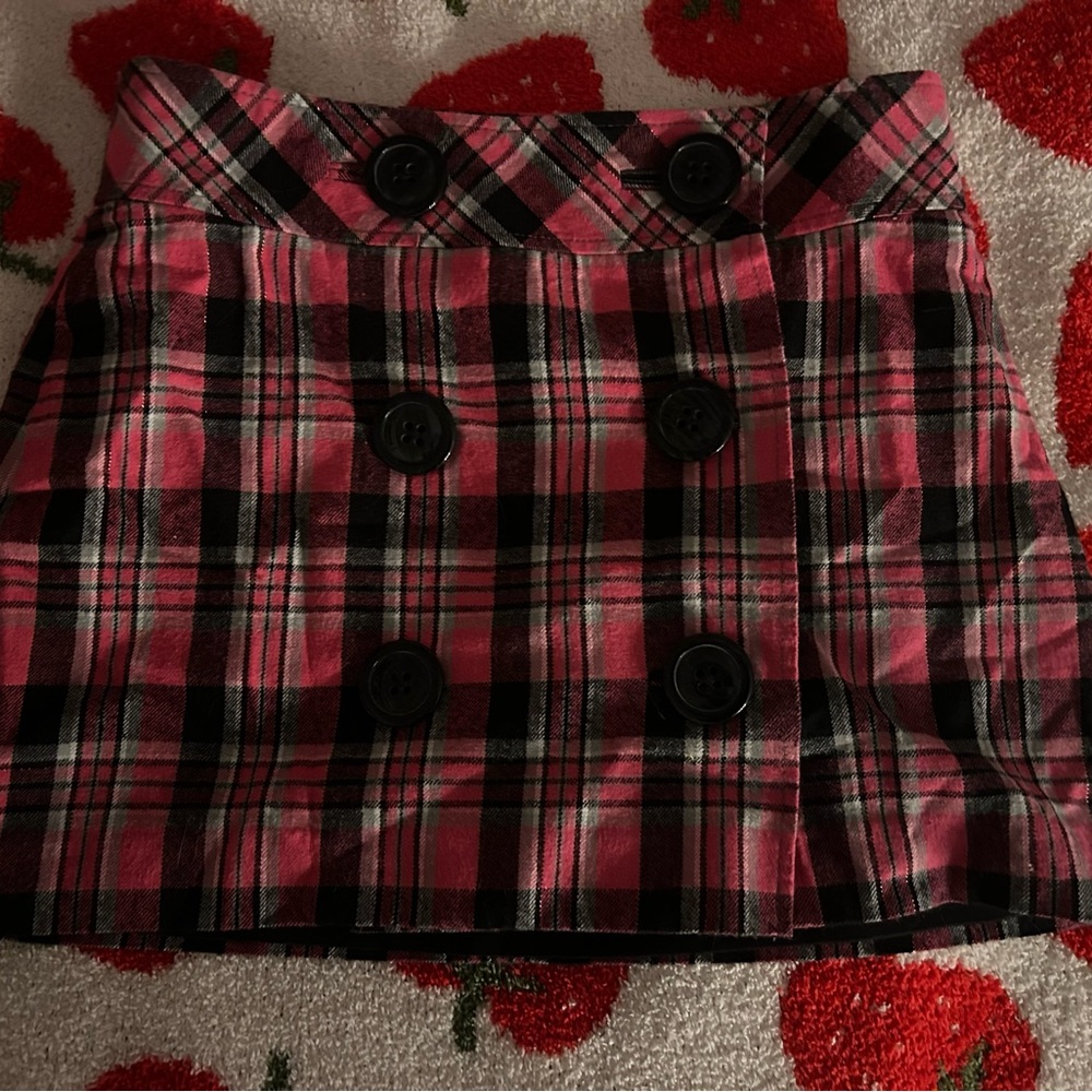 Pink and Black Plaid Skirt with Buttons